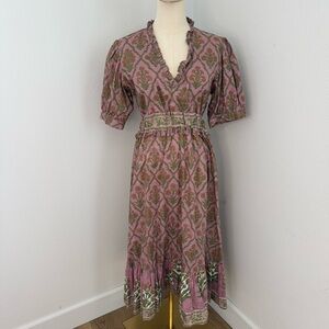 Victoria Dunn Mauve Paisley Midi Dress with Olive Accents - Size Small